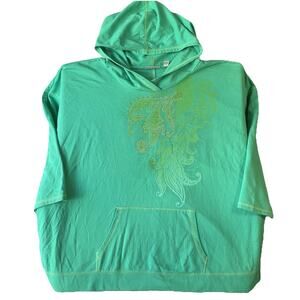 Avenue Women Hoodie 26/28 Green Paisley Rhinestone 3/4 Sleeve PulloverSweatshirt